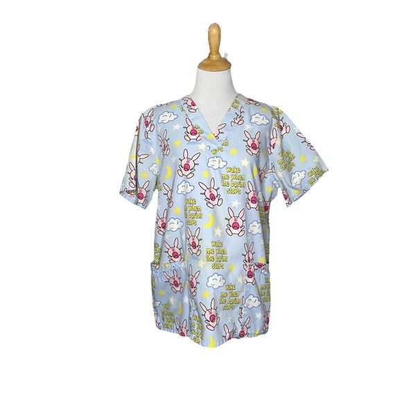 It’s Happy Bunny Jim Benton Scrub Top Women’s Size M Light Blue Pink White - Picture 1 of 6